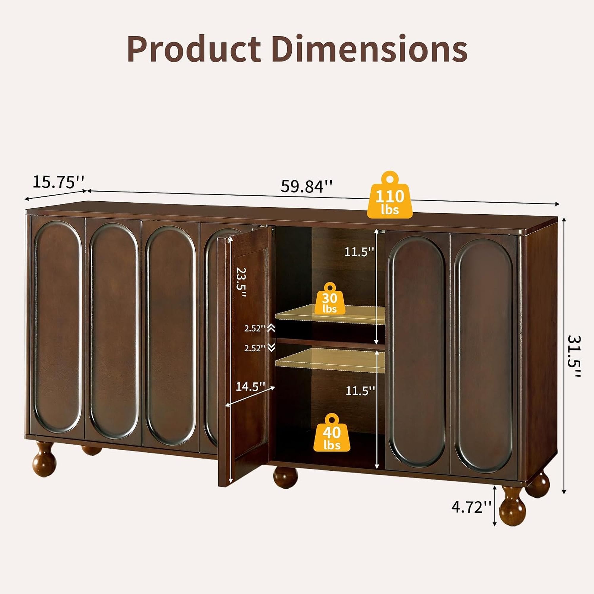 60" Dark Walnut Sideboard Cabinet with 3D Arched Doors, Adjustable Shelves, Modern TV Stand & Storage Console for Living Room, Dining Room