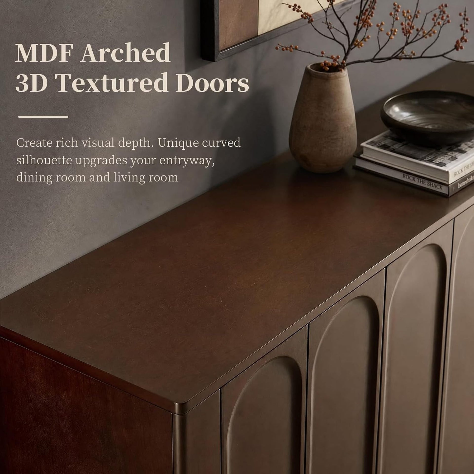 60" Dark Walnut Sideboard Cabinet with 3D Arched Doors, Adjustable Shelves, Modern TV Stand & Storage Console for Living Room, Dining Room
