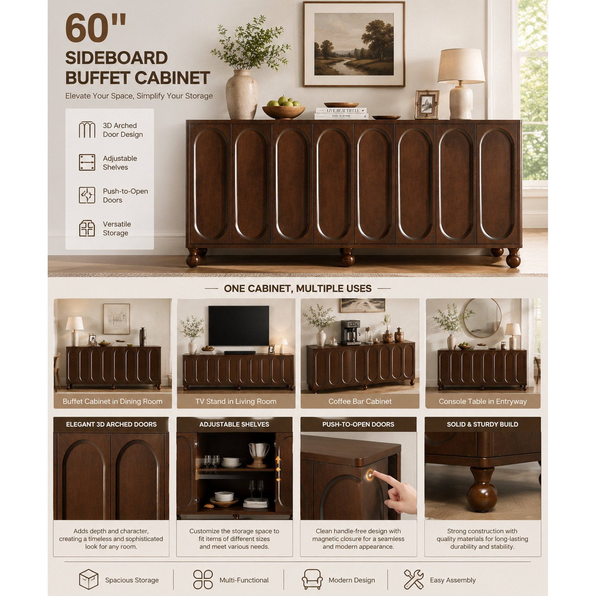 60" Dark Walnut Sideboard Cabinet with 3D Arched Doors, Adjustable Shelves, Modern TV Stand & Storage Console for Living Room, Dining Room