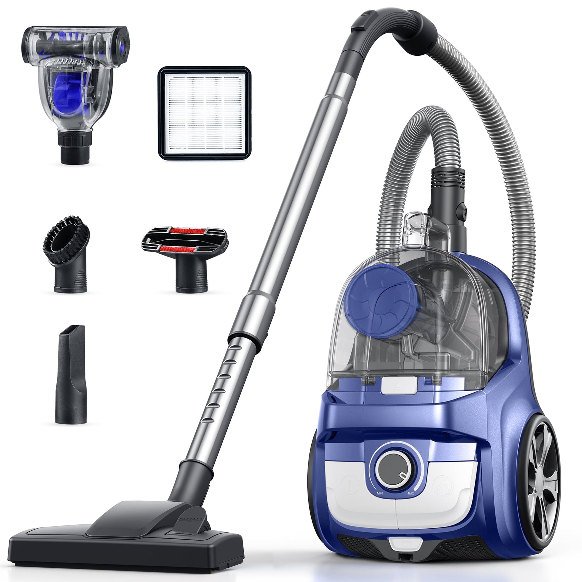 Canister Vacuum Cleaner, 30Kpa Powerful Suction, Bagless with 3.7QT Large Dust Cup, Auto Cord Rewind, HEPA Filter, 5 Attachments, Lightweight Vacuum for Pet Hair, Hard Floors & Car