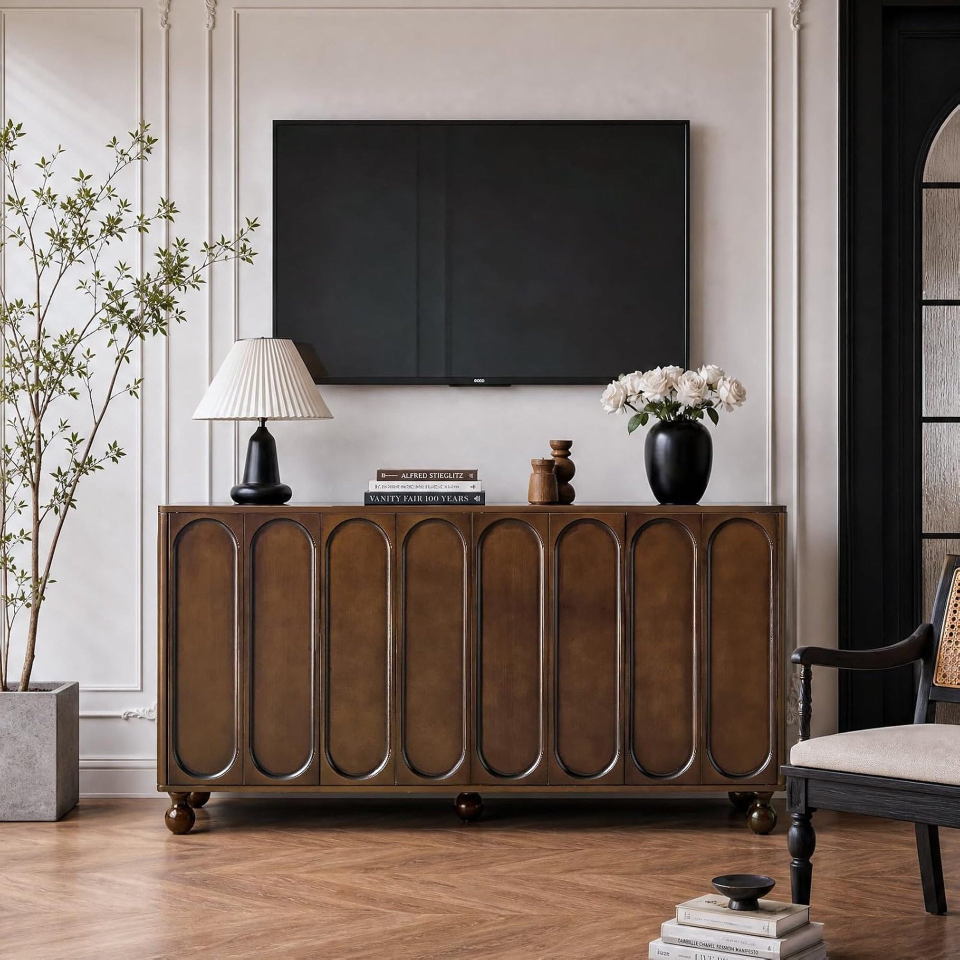 60" Dark Walnut Sideboard Cabinet with 3D Arched Doors, Adjustable Shelves, Modern TV Stand & Storage Console for Living Room, Dining Room